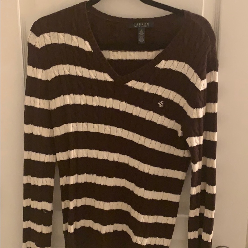 Ralph Lauren Stripe V-Neck Cable-knit Sweater